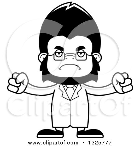 Lineart Clipart of a Cartoon Black and White Mad Gorilla Scientist - Royalty Free Outline Vector Illustration by Cory Thoman