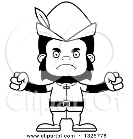 Lineart Clipart of a Cartoon Black and White Mad Gorilla Robin Hood - Royalty Free Outline Vector Illustration by Cory Thoman