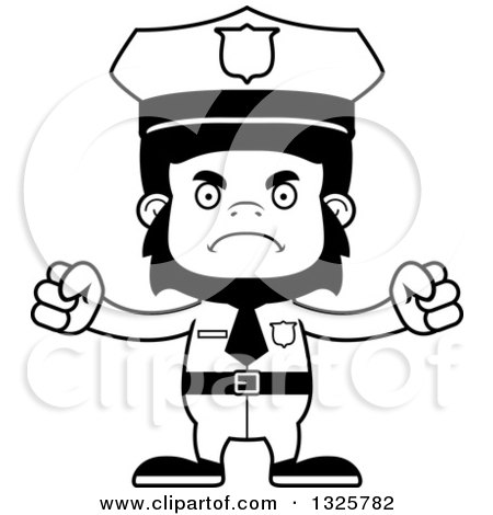 Lineart Clipart of a Cartoon Black and White Mad Gorilla Police Officer - Royalty Free Outline Vector Illustration by Cory Thoman
