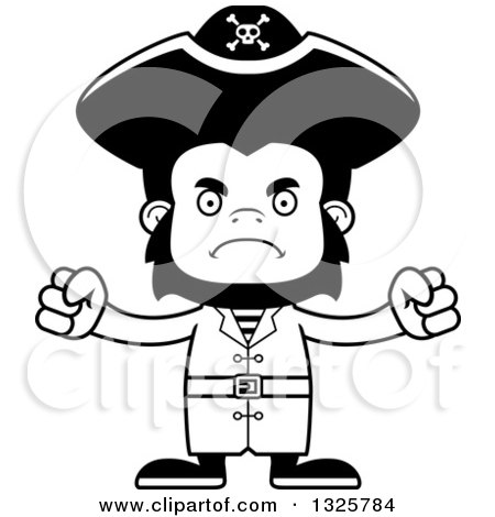 Lineart Clipart of a Cartoon Black and White Mad Gorilla Pirate - Royalty Free Outline Vector Illustration by Cory Thoman