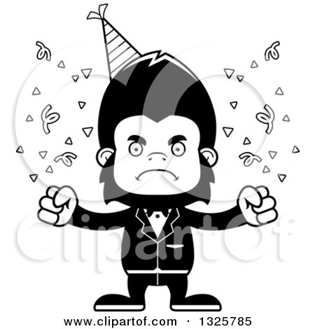 Lineart Clipart of a Cartoon Black and White Mad Party Gorilla - Royalty Free Outline Vector Illustration by Cory Thoman