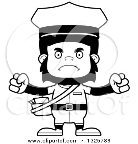 Lineart Clipart of a Cartoon Black and White Mad Gorilla Mailman - Royalty Free Outline Vector Illustration by Cory Thoman
