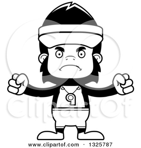Lineart Clipart of a Cartoon Black and White Mad Gorilla Lifeguard - Royalty Free Outline Vector Illustration by Cory Thoman