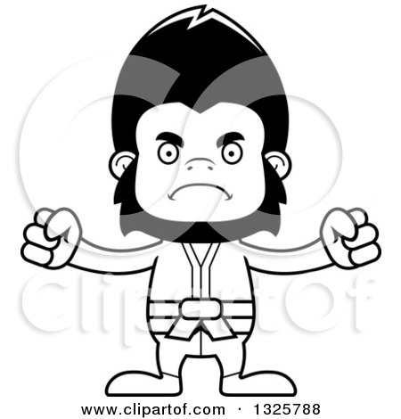 Lineart Clipart of a Cartoon Black and White Mad Karate Gorilla - Royalty Free Outline Vector Illustration by Cory Thoman
