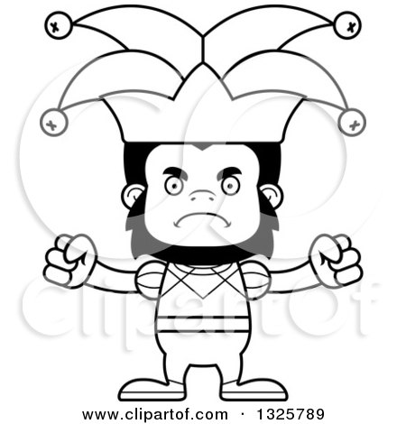 Lineart Clipart of a Cartoon Black and White Mad Gorilla Jester - Royalty Free Outline Vector Illustration by Cory Thoman