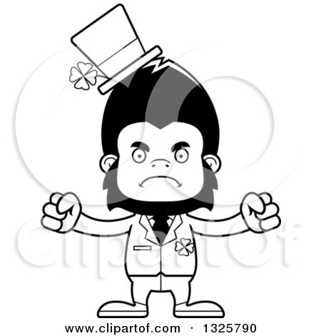 Lineart Clipart of a Cartoon Black and White Mad St Patricks Day Gorilla - Royalty Free Outline Vector Illustration by Cory Thoman