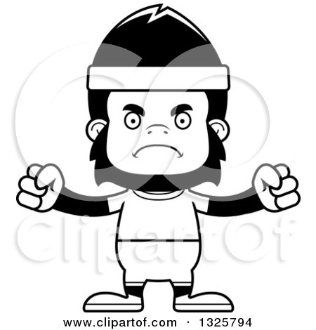 Lineart Clipart of a Cartoon Black and White Mad Fitness Gorilla - Royalty Free Outline Vector Illustration by Cory Thoman