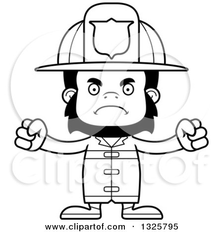 Lineart Clipart of a Cartoon Black and White Mad Gorilla Firefighter - Royalty Free Outline Vector Illustration by Cory Thoman