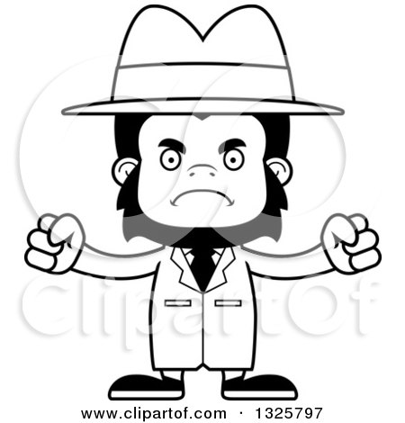 Lineart Clipart of a Cartoon Black and White Mad Gorilla Detective - Royalty Free Outline Vector Illustration by Cory Thoman
