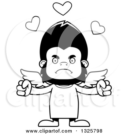 Lineart Clipart of a Cartoon Black and White Mad Gorilla Cupid - Royalty Free Outline Vector Illustration by Cory Thoman
