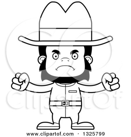 Lineart Clipart of a Cartoon Black and White Mad Gorilla Cowboy - Royalty Free Outline Vector Illustration by Cory Thoman