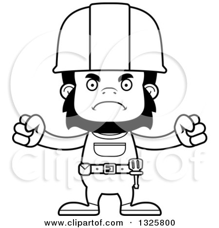 Lineart Clipart of a Cartoon Black and White Mad Gorilla Construction Worker - Royalty Free Outline Vector Illustration by Cory Thoman