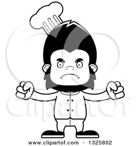 Lineart Clipart of a Cartoon Black and White Mad Gorilla Chef - Royalty Free Outline Vector Illustration by Cory Thoman