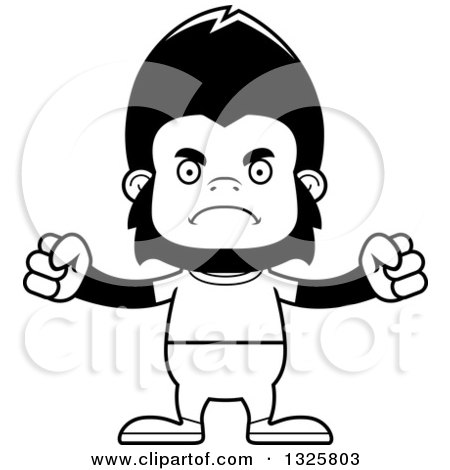 Lineart Clipart of a Cartoon Black and White Mad Casual Gorilla - Royalty Free Outline Vector Illustration by Cory Thoman