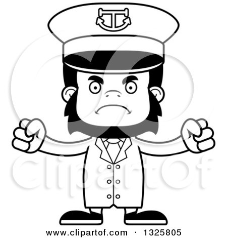 Lineart Clipart of a Cartoon Black and White Mad Gorilla Captain - Royalty Free Outline Vector Illustration by Cory Thoman