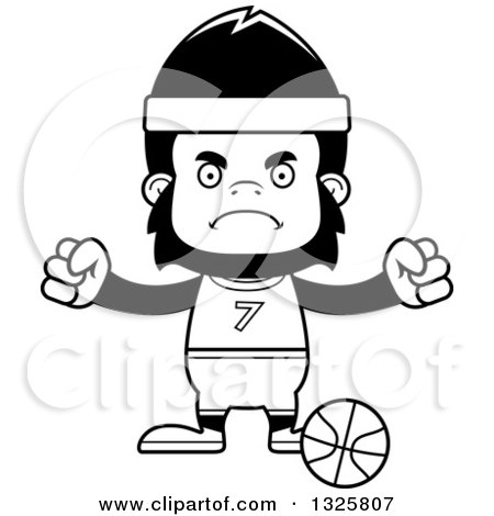 Lineart Clipart of a Cartoon Black and White Mad Gorilla Basketball Player - Royalty Free Outline Vector Illustration by Cory Thoman
