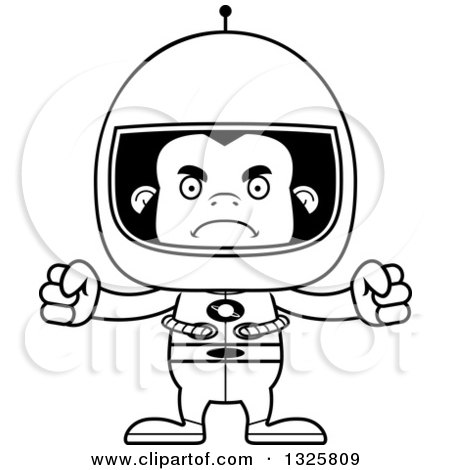 Lineart Clipart of a Cartoon Black and White Mad Gorilla Astronaut - Royalty Free Outline Vector Illustration by Cory Thoman