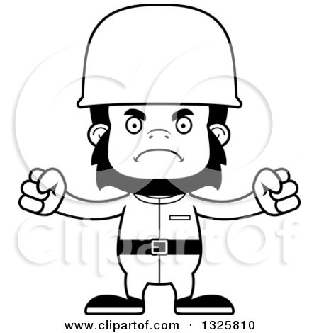 Lineart Clipart of a Cartoon Black and White Mad Gorilla Soldier - Royalty Free Outline Vector Illustration by Cory Thoman