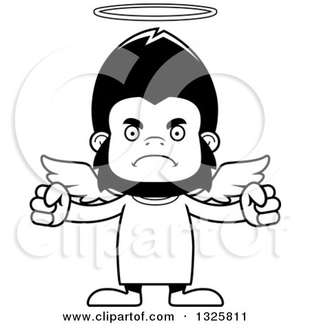 Lineart Clipart of a Cartoon Black and White Mad Gorilla Angel - Royalty Free Outline Vector Illustration by Cory Thoman