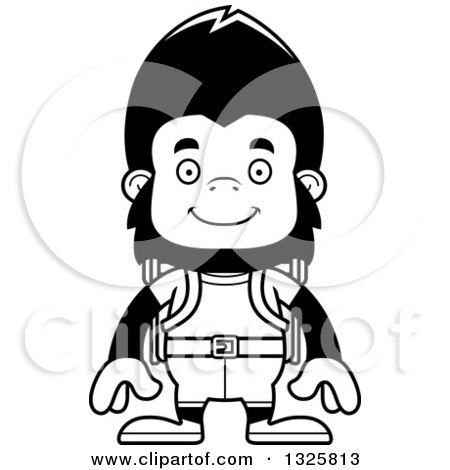 Lineart Clipart of a Cartoon Black and White Happy Gorilla Hiker - Royalty Free Outline Vector Illustration by Cory Thoman