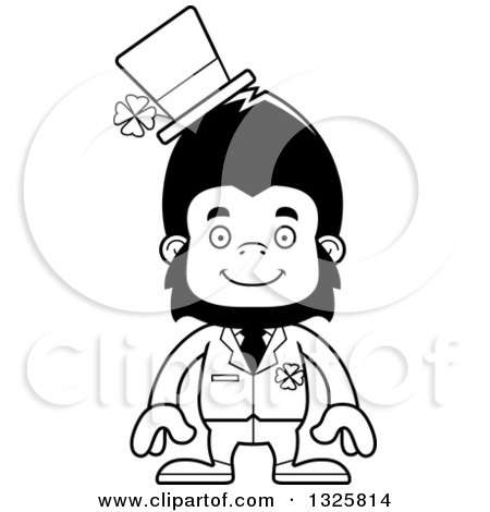Lineart Clipart of a Cartoon Black and White Happy St Patricks Day Gorilla - Royalty Free Outline Vector Illustration by Cory Thoman