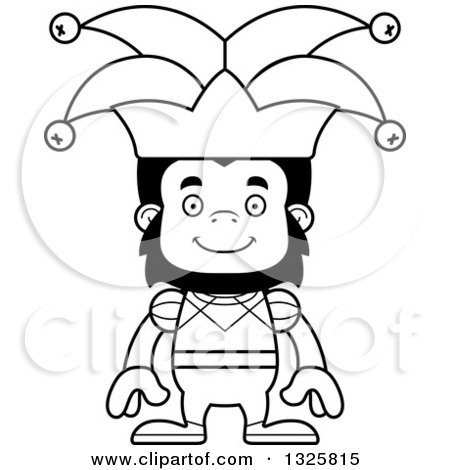 Lineart Clipart of a Cartoon Black and White Happy Gorilla Jester - Royalty Free Outline Vector Illustration by Cory Thoman