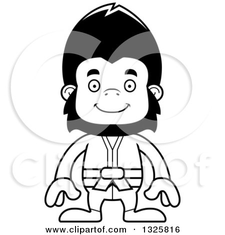 Lineart Clipart of a Cartoon Black and White Happy Karate Gorilla - Royalty Free Outline Vector Illustration by Cory Thoman