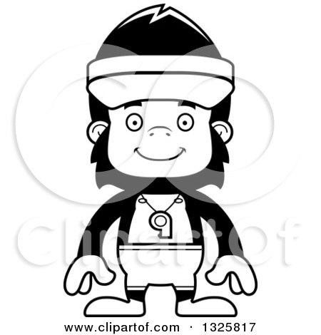 Lineart Clipart of a Cartoon Black and White Happy Gorilla Lifeguard - Royalty Free Outline Vector Illustration by Cory Thoman