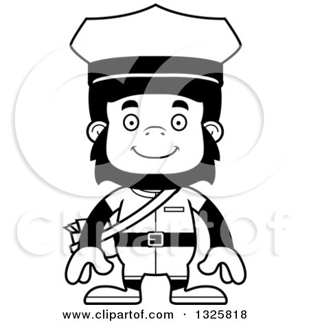 Lineart Clipart of a Cartoon Black and White Happy Gorilla Mailman - Royalty Free Outline Vector Illustration by Cory Thoman