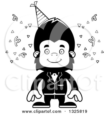 Lineart Clipart of a Cartoon Black and White Happy Party Gorilla - Royalty Free Outline Vector Illustration by Cory Thoman
