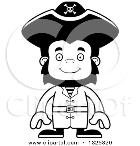 Lineart Clipart of a Cartoon Black and White Happy Gorilla Pirate - Royalty Free Outline Vector Illustration by Cory Thoman