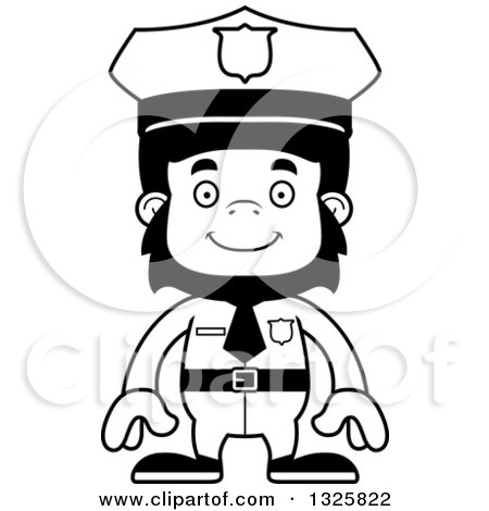 Lineart Clipart of a Cartoon Black and White Happy Gorilla Police Officer - Royalty Free Outline Vector Illustration by Cory Thoman