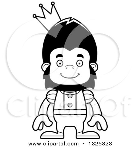 Lineart Clipart of a Cartoon Black and White Happy Gorilla Prince - Royalty Free Outline Vector Illustration by Cory Thoman