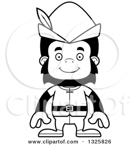 Lineart Clipart of a Cartoon Black and White Happy Gorilla Robin Hood - Royalty Free Outline Vector Illustration by Cory Thoman