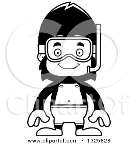 Lineart Clipart of a Cartoon Black and White Happy Gorilla in Snorkel Gear - Royalty Free Outline Vector Illustration by Cory Thoman
