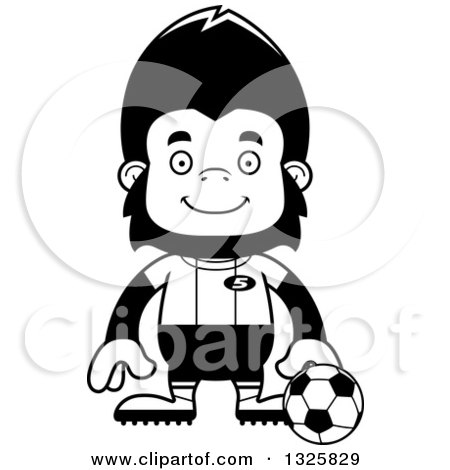 Lineart Clipart of a Cartoon Black and White Happy Gorilla Soccer Player - Royalty Free Outline Vector Illustration by Cory Thoman