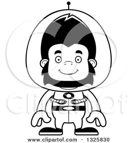 Lineart Clipart of a Cartoon Black and White Happy Futuristic Space Gorilla - Royalty Free Outline Vector Illustration by Cory Thoman