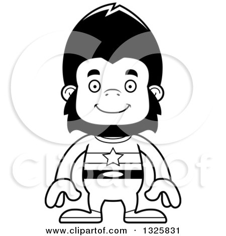 Lineart Clipart of a Cartoon Black and White Happy Gorilla Super Hero - Royalty Free Outline Vector Illustration by Cory Thoman