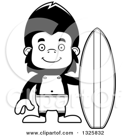 Lineart Clipart of a Cartoon Black and White Happy Gorilla Surfer - Royalty Free Outline Vector Illustration by Cory Thoman