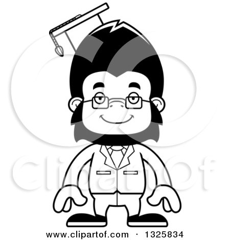 Lineart Clipart of a Cartoon Black and White Happy Gorilla Professor - Royalty Free Outline Vector Illustration by Cory Thoman