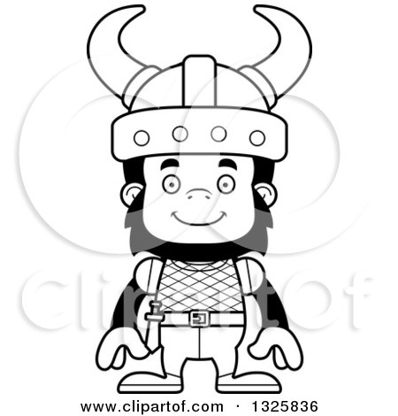 Lineart Clipart of a Cartoon Black and White Happy Gorilla Viking - Royalty Free Outline Vector Illustration by Cory Thoman