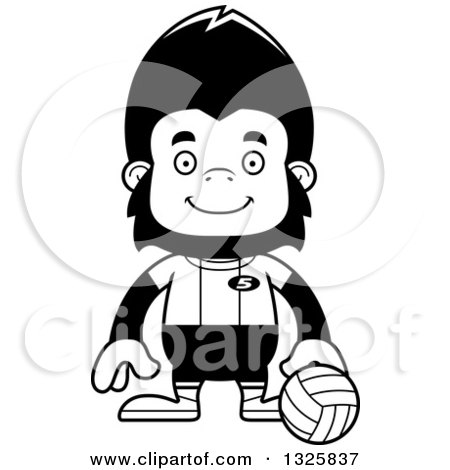 Lineart Clipart of a Cartoon Black and White Happy Gorilla Volleyball Player - Royalty Free Outline Vector Illustration by Cory Thoman