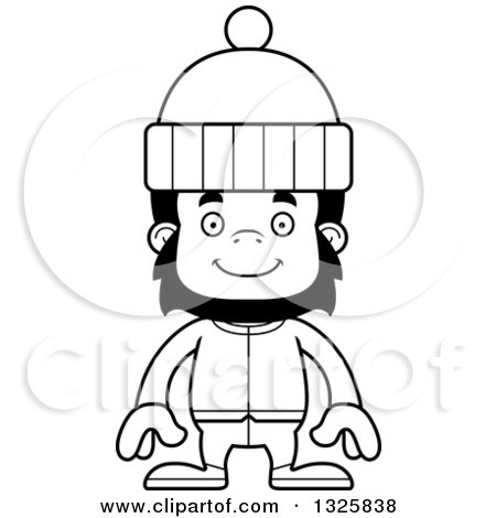 Lineart Clipart of a Cartoon Black and White Happy Gorilla in Winter Clothes - Royalty Free Outline Vector Illustration by Cory Thoman
