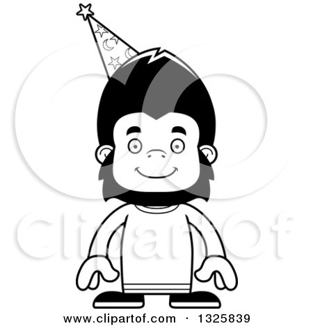 Lineart Clipart of a Cartoon Black and White Happy Gorilla Wizard - Royalty Free Outline Vector Illustration by Cory Thoman