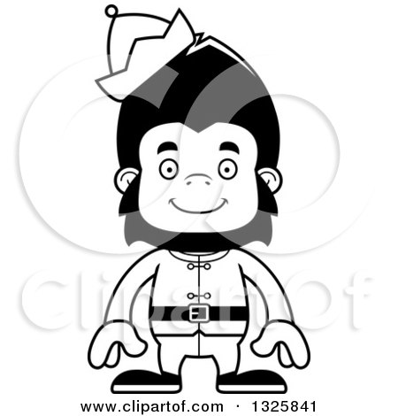 Lineart Clipart of a Cartoon Black and White Happy Gorilla Christmas Elf - Royalty Free Outline Vector Illustration by Cory Thoman