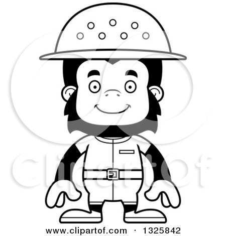 Lineart Clipart of a Cartoon Black and White Happy Gorilla Zookeeper - Royalty Free Outline Vector Illustration by Cory Thoman
