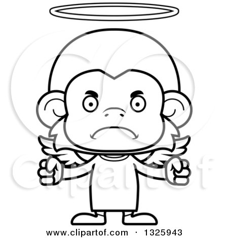 Lineart Clipart of a Cartoon Black and White Mad Monkey Angel - Royalty Free Outline Vector Illustration by Cory Thoman