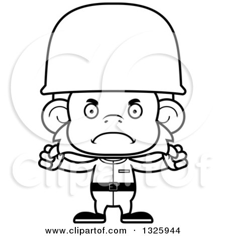 Lineart Clipart of a Cartoon Black and White Mad Monkey Soldier - Royalty Free Outline Vector Illustration by Cory Thoman