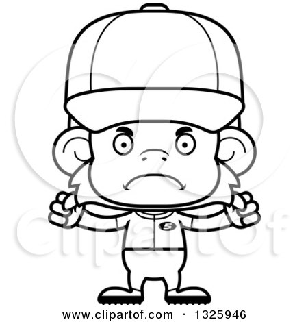 Lineart Clipart of a Cartoon Black and White Mad Monkey Baseball Player - Royalty Free Outline Vector Illustration by Cory Thoman