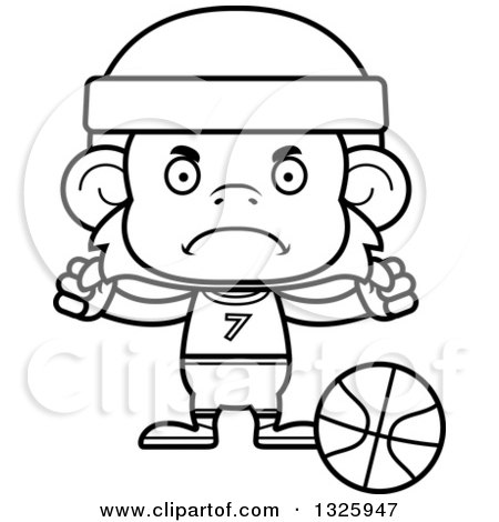 Lineart Clipart of a Cartoon Black and White Mad Monkey Basketball Player - Royalty Free Outline Vector Illustration by Cory Thoman